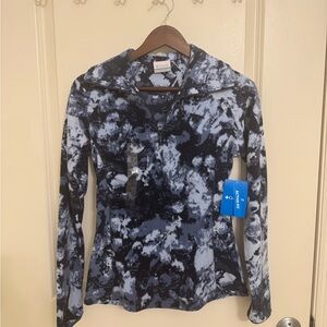 Columbia women's long-sleeve fleece top with a blue and white tie-dye pattern